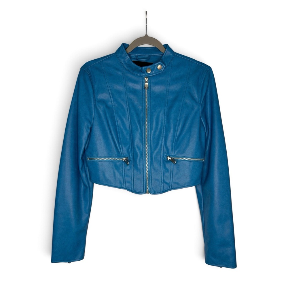 7 For All Mankind Women's S Blue Faux Leather Cropped Moto Biker Jacket